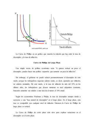 La Curva de Phillips en un gráfico que muestra la relación que hay entre la tasa de
desempleo y la tasa de inflación.
Curva de Phillips de Largo Plazo
Una simple receta de política económica sería: "si quieres reducir un poco el
desempleo, puedes hacer una política expansiva que aumente un poco la inflación".
Sin embargo, el gobierno no puede reducir permanentemente el desempleo de este
modo, porque los trabajadores negocian salarios reales, es decir, ajustados por inflación,
no salarios nominales. De este modo, si la tasa de inflación ha sido del 10% en los
últimos años, los trabajadores que deseen mantener su nivel adquisitivo constante,
buscarán aumentar sus salarios a una tasa de al menos el 10% anual.
Según los economistas Friedman y Phelps, la tasa de desempleo siempre tiende a
acercarse a una "tasa natural de desempleo" en el largo plazo. En el largo plazo, esta
tasa es compatible con cualquier nivel de inflación. Entonces, la Curva de Phillips de
largo plazo es vertical.
La Curva de Phillips de corto plazo sólo sirve para explicar variaciones en el
desempleo en el corto plazo.
 