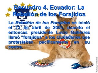 Recuadro 4. Ecuador: La Rebelión de los Forajidos La  Rebelión de los Forajidos  se inició el 13 de abril de 2005, cuando el entonces presidente Lucio Gutiérrez llamó “forajidos” a los ciudadanos que protestaban pacíficamente en su contra. 