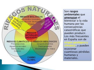 Son rasgos
ambientales que
amenazan el
bienestar o la vida
humana por las
consecuencias
catastróficas que
pueden producir.
Los más frecuentes
en España son de
origen geológico y
climático, y pueden
ocasionar
cuantiosas pérdidas
humanas y
materiales.
 