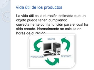 Vida útil de los productos
La vida útil es la duración estimada que un
objeto puede tener, cumpliendo
correctamente con la función para el cual ha
sido creado. Normalmente se calcula en
horas de duración.
 
