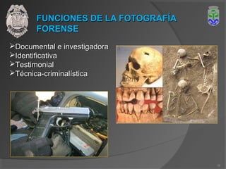 FUNCIONES DE LA FOTOGRAFÍAFUNCIONES DE LA FOTOGRAFÍA
FORENSEFORENSE
Documental e investigadoraDocumental e investigadora
IdentificativaIdentificativa
TestimonialTestimonial
Técnica-criminalísticaTécnica-criminalística
18
 