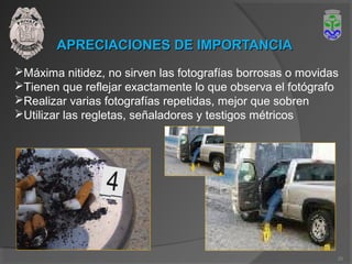 APRECIACIONES DE IMPORTANCIAAPRECIACIONES DE IMPORTANCIA
Máxima nitidez, no sirven las fotografías borrosas o movidas
Tienen que reflejar exactamente lo que observa el fotógrafo
Realizar varias fotografías repetidas, mejor que sobren
Utilizar las regletas, señaladores y testigos métricos
20
 
