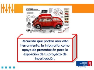 Recuerda que podrás usar esta
herramienta, la infografía, como
 apoyo de presentación para la
  exposición de tu proyecto de
          investigación.
 