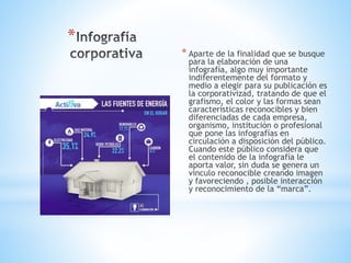 *
* Aparte de la finalidad que se busque
para la elaboración de una
infografía, algo muy importante
indiferentemente del formato y
medio a elegir para su publicación es
la corporativizad, tratando de que el
grafismo, el color y las formas sean
características reconocibles y bien
diferenciadas de cada empresa,
organismo, institución o profesional
que pone las infografías en
circulación a disposición del público.
Cuando este público considera que
el contenido de la infografía le
aporta valor, sin duda se genera un
vinculo reconocible creando imagen
y favoreciendo , posible interacción
y reconocimiento de la “marca”.
 