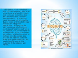 * La infografía se va acercando a
otro tipo de lenguaje como es el
televisivo y, gracias al Internet,
esta forma de comunicar está
desarrollándose de un modo
impresionante. Las ediciones
electrónicas de los principales
diarios están invirtiendo tiempo y
recursos en infografía
interactiva. Las agencias de
información están ofreciendo
servicios gráficos interactivos a
sus clientes. Las asociaciones de
profesionales, están premiando
las mejores producciones que se
realizan en este campo. Los
usuarios de Internet cada vez
están más acostumbrados a ver
una infografía interactiva
colgando de las páginas que
visitan.
 