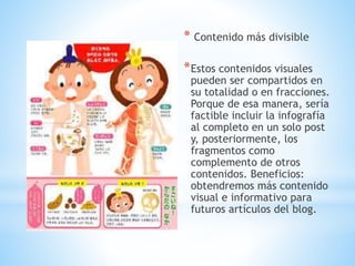 * Contenido más divisible
*Estos contenidos visuales
pueden ser compartidos en
su totalidad o en fracciones.
Porque de esa manera, sería
factible incluir la infografía
al completo en un solo post
y, posteriormente, los
fragmentos como
complemento de otros
contenidos. Beneficios:
obtendremos más contenido
visual e informativo para
futuros artículos del blog.
 