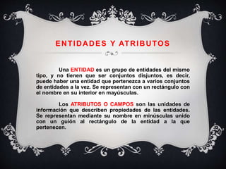 ENTIDADES Y ATRIBUTOS
Una ENTIDAD es un grupo de entidades del mismo
tipo, y no tienen que ser conjuntos disjuntos, es decir,
puede haber una entidad que pertenezca a varios conjuntos
de entidades a la vez. Se representan con un rectángulo con
el nombre en su interior en mayúsculas.
Los ATRIBUTOS O CAMPOS son las unidades de
información que describen propiedades de las entidades.
Se representan mediante su nombre en minúsculas unido
con un guión al rectángulo de la entidad a la que
pertenecen.
 