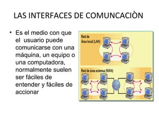 LAS INTERFACES DE COMUNCACIÒN
• Es el medio con que
el usuario puede
comunicarse con una
máquina, un equipo o
una computadora,
normalmente suelen
ser fáciles de
entender y fáciles de
accionar
 