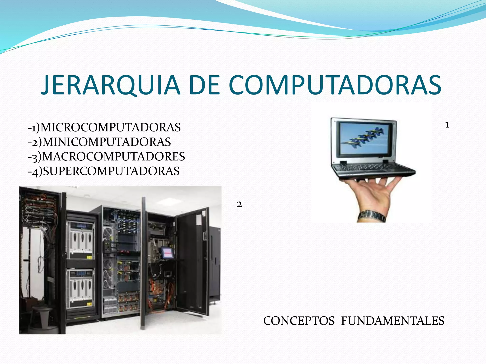 JERARQUIA DE COMPUTADORAS
-1)MICROCOMPUTADORAS
-2)MINICOMPUTADORAS
-3)MACROCOMPUTADORES
-4)SUPERCOMPUTADORAS
1
2
CONCEPTOS FUNDAMENTALES
