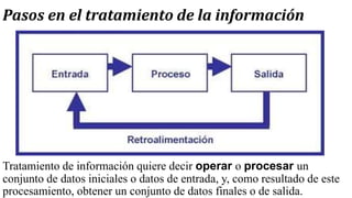 Pasos en el tratamiento de la información
Tratamiento de información quiere decir operar o procesar un
conjunto de datos iniciales o datos de entrada, y, como resultado de este
procesamiento, obtener un conjunto de datos finales o de salida.
 