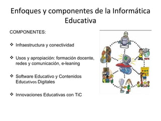 Enfoques y componentes de la Informática
Educativa
COMPONENTES:
 Infraestructura y conectividad
 Usos y apropiación: formación docente,
redes y comunicación, e-leaning
 Software Educativo y Contenidos
Educativos Digitales
 Innovaciones Educativas con TiC
 