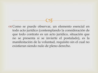 Como se puede observar, un elemento esencial en todo acto jurídico (contemplando la consideración de que todo contrato es un acto jurídico, situación que no se presenta si se invierte el postulado), es la manifestación de la voluntad, requisito sin el cual no existieran siendo nulo de pleno derecho. 