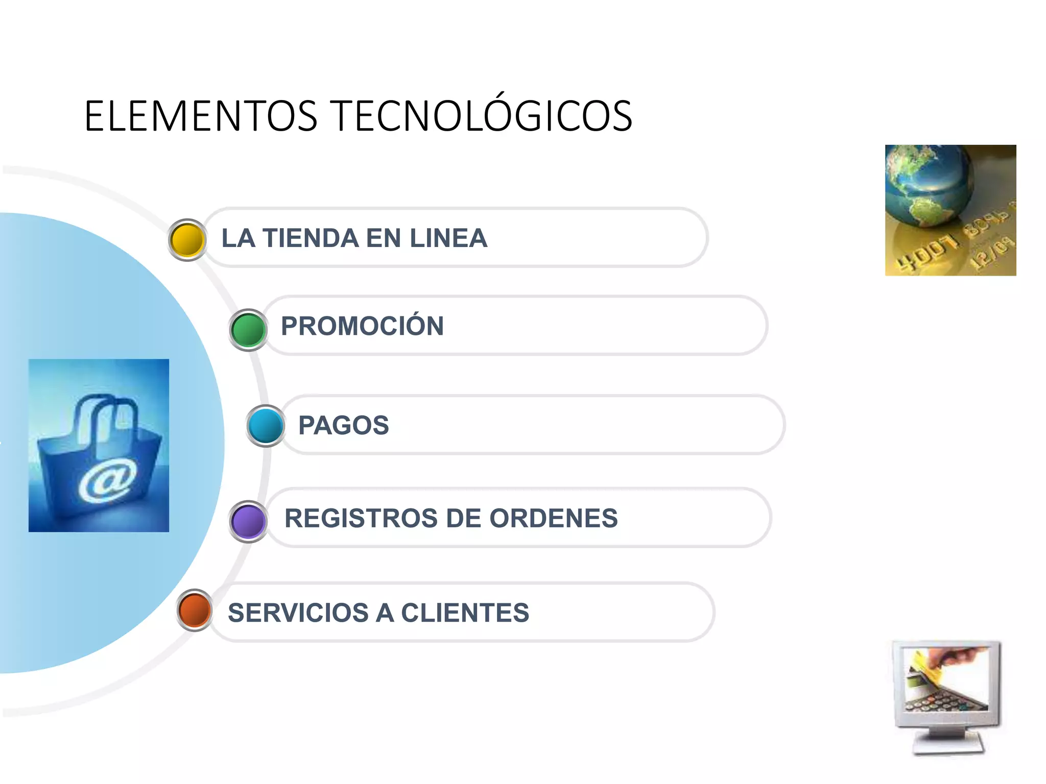 ELEMENTOS TECNOLÓGICOS
SERVICIOS A CLIENTES
REGISTROS DE ORDENES
PAGOS
PROMOCIÓN
LA TIENDA EN LINEA
 