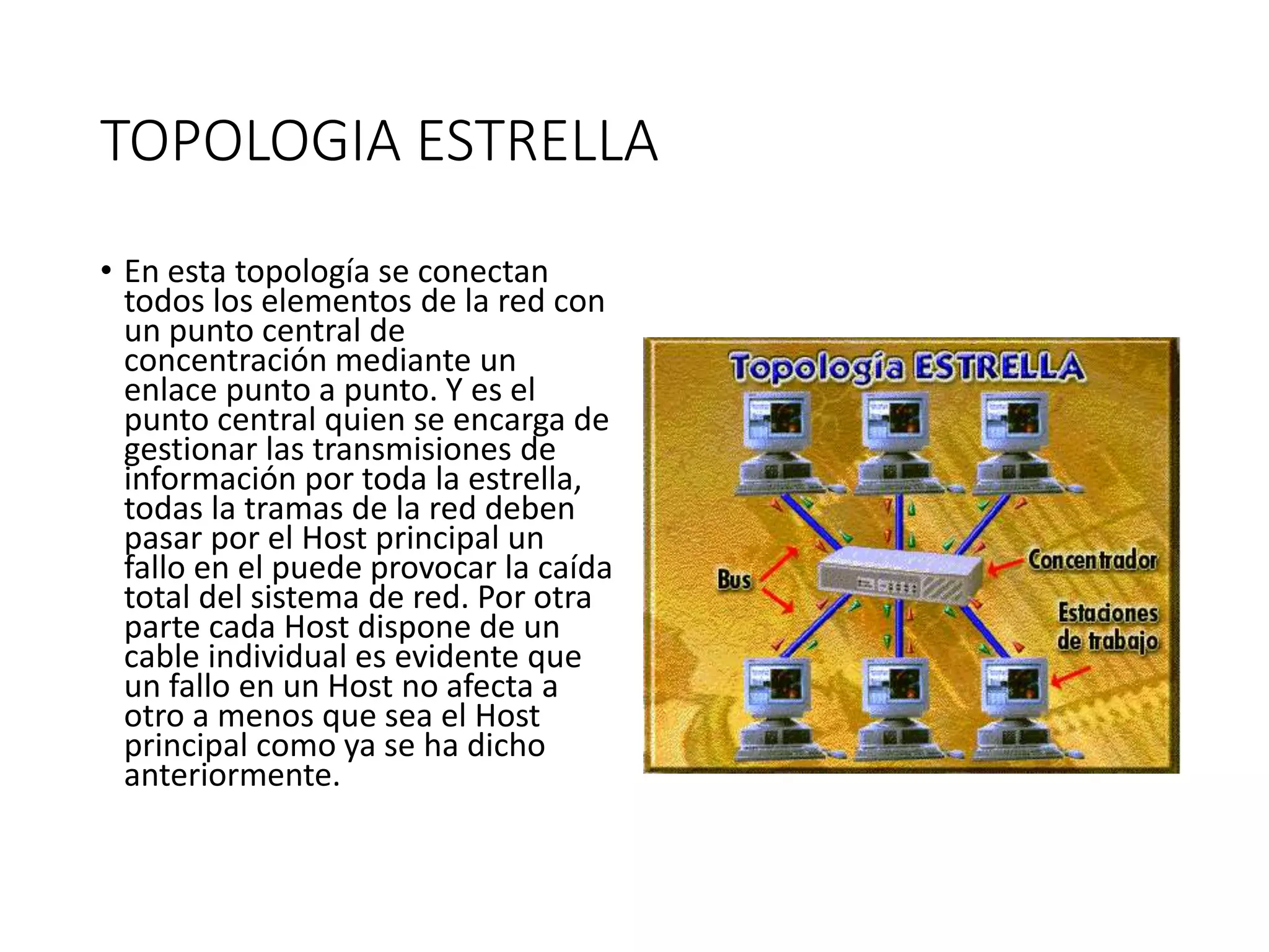 TOPOLOGIA ESTRELLA
• En esta topología se conectan
todos los elementos de la red con
un punto central de
concentración mediante un
enlace punto a punto. Y es el
punto central quien se encarga de
gestionar las transmisiones de
información por toda la estrella,
todas la tramas de la red deben
pasar por el Host principal un
fallo en el puede provocar la caída
total del sistema de red. Por otra
parte cada Host dispone de un
cable individual es evidente que
un fallo en un Host no afecta a
otro a menos que sea el Host
principal como ya se ha dicho
anteriormente.
 