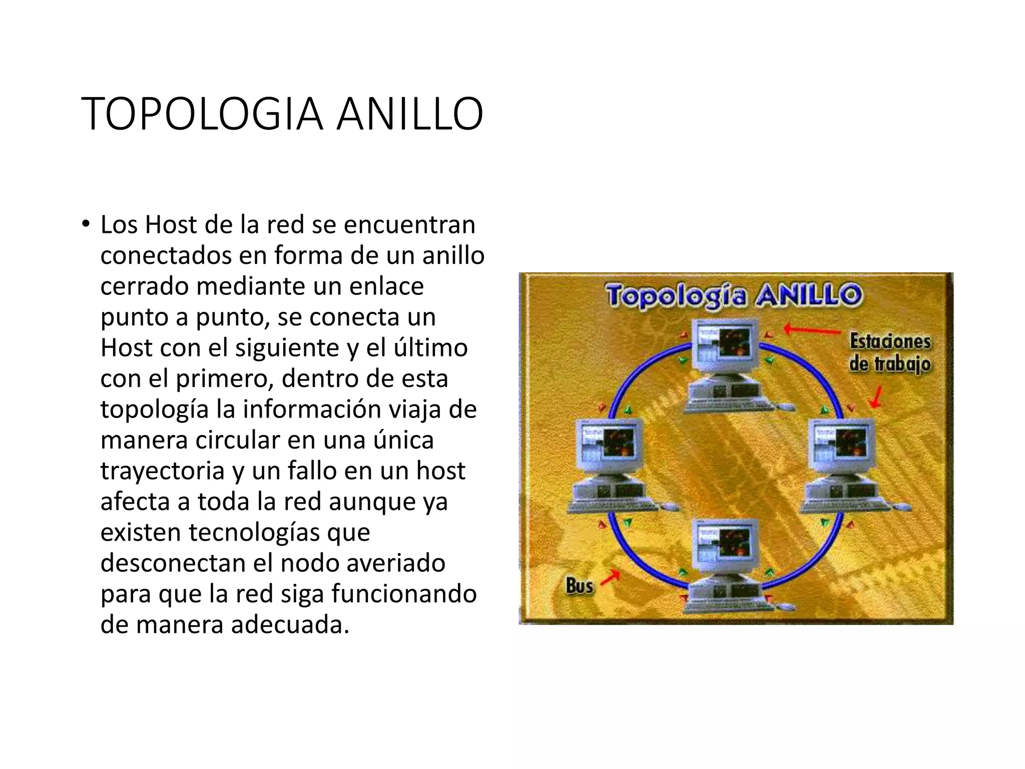 TOPOLOGIA ANILLO
• Los Host de la red se encuentran
conectados en forma de un anillo
cerrado mediante un enlace
punto a punto, se conecta un
Host con el siguiente y el último
con el primero, dentro de esta
topología la información viaja de
manera circular en una única
trayectoria y un fallo en un host
afecta a toda la red aunque ya
existen tecnologías que
desconectan el nodo averiado
para que la red siga funcionando
de manera adecuada.
 