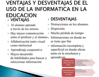  VENTAJAS
 El alumno aprende
a través de los errores
 Hay mayor comunicación
entre el profesor y el alumno
 Alfabetización tanto visual
como intelectual
 Aprendizaje cooperativo
 Mayor desarrollo
de habilidades para buscar y
seleccionar información
 DESVENTAJAS
 Distracciones en los alumnos
 Dispersión
 Mucha pérdida de tiempo
 Informaciones en donde no
se tiene que fiar
 información incompleta y
superficial en donde afecta
tanto en la enseñanza y
aprendizaje
 