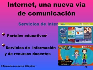 Internet, una nueva vía de comunicación Servicios de internet   Portales educativos   Servicios de  información  y de recursos docentes Informática, recurso didáctico 