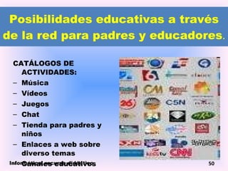 Posibilidades educativas a través de la red para padres y educadores . CATÁLOGOS DE ACTIVIDADES: Música Vídeos Juegos Chat Tienda para padres y niños Enlaces a web sobre diverso temas  Canales educativos Informática, recurso didáctico 