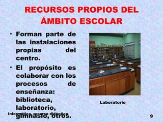 RECURSOS PROPIOS DEL ÁMBITO ESCOLAR Forman parte de las instalaciones propias del centro.  El propósito es colaborar con los procesos de enseñanza: biblioteca, laboratorio, gimnasio, otros. Laboratorio  Informática, recurso didáctico 