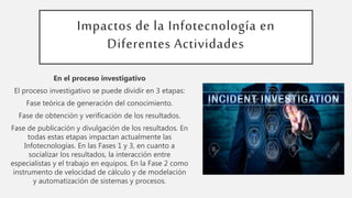 Impactos de la Infotecnología en
Diferentes Actividades
En el proceso investigativo
El proceso investigativo se puede dividir en 3 etapas:
Fase teórica de generación del conocimiento.
Fase de obtención y verificación de los resultados.
Fase de publicación y divulgación de los resultados. En
todas estas etapas impactan actualmente las
Infotecnologías. En las Fases 1 y 3, en cuanto a
socializar los resultados, la interacción entre
especialistas y el trabajo en equipos. En la Fase 2 como
instrumento de velocidad de cálculo y de modelación
y automatización de sistemas y procesos.
 