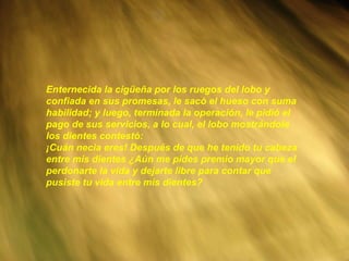 Enternecida la cigüeña por los ruegos del lobo y confiada en sus promesas, le sacó el hueso con suma habilidad; y luego, terminada la operación, le pidió el pago de sus servicios, a lo cual, el lobo mostrándole los dientes contestó: ¡Cuán necia eres! Después de que he tenido tu cabeza entre mis dientes ¿Aún me pides premio mayor que el perdonarte la vida y dejarte libre para contar que pusiste tu vida entre mis dientes? 