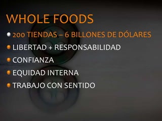 WHOLE FOODS
200 TIENDAS – 6 BILLONES DE DÓLARES
LIBERTAD + RESPONSABILIDAD
CONFIANZA
EQUIDAD INTERNA
TRABAJO CON SENTIDO
 