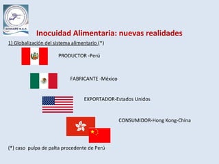 Inocuidad Alimentaria: nuevas realidades
1) Globalización del sistema alimentario (*)
(*) caso pulpa de palta procedente de Perú
PRODUCTOR -Perú
FABRICANTE -México
EXPORTADOR-Estados Unidos
CONSUMIDOR-Hong Kong-China
 