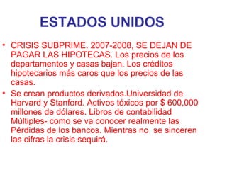 ESTADOS UNIDOS
• CRISIS SUBPRIME. 2007-2008, SE DEJAN DE
PAGAR LAS HIPOTECAS. Los precios de los
departamentos y casas bajan. Los créditos
hipotecarios más caros que los precios de las
casas.
• Se crean productos derivados.Universidad de
Harvard y Stanford. Activos tóxicos por $ 600,000
millones de dólares. Libros de contabilidad
Múltiples- como se va conocer realmente las
Pérdidas de los bancos. Mientras no se sinceren
las cifras la crisis sequirá.
 