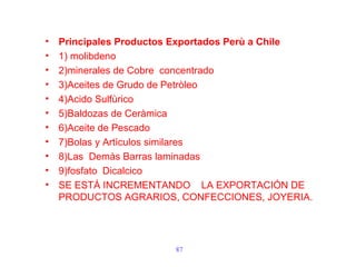 87
• Principales Productos Exportados Perù a Chile
• 1) molibdeno
• 2)minerales de Cobre concentrado
• 3)Aceites de Grudo de Petròleo
• 4)Acido Sulfùrico
• 5)Baldozas de Ceràmica
• 6)Aceite de Pescado
• 7)Bolas y Artìculos similares
• 8)Las Demàs Barras laminadas
• 9)fosfato Dicalcico
• SE ESTÁ INCREMENTANDO LA EXPORTACIÓN DE
PRODUCTOS AGRARIOS, CONFECCIONES, JOYERIA.
 