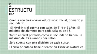5.
ESTRUCTU
RA
Cuenta con tres niveles educativos: inicial, primario y
secundario.
El nivel inicial cuenta con salas de 3, 4 y 5 años. El
máximo de alumnos para cada sala es de 18.
Tanto el nivel primario como el secundario tienen un
máximo de 25 alumnos por salón.
Sólo cuenta con una división de cada curso.
El ciclo orientado tiene orientación Ciencias Naturales.
 