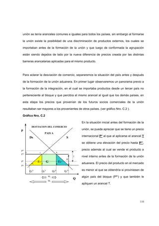 110
unión se tenía aranceles comunes e iguales para todos los países, sin embargo al formarse
la unión existe la posibilidad de una discriminación de productos externos, los cuales se
importaban antes de la formación de la unión y que luego de conformada la agrupación
están siendo dejados de lado por la nueva diferencia de precios creada por las distintas
barreras arancelarias aplicadas para el mismo producto.
Para aclarar la desviación de comercio, separaremos la situación del país antes y después
de la formación de la unión aduanera. En primer lugar observaremos un panorama previo a
la formación de la integración, en el cual se importaba productos desde un tercer país no
perteneciente al bloque y que percibía el mismo arancel al igual que los demás países, en
esta etapa los precios que provenían de los futuros socios comerciales de la unión
resultaban ser mayores a los provenientes de otros países. (ver gráfico Nro. C.2 ).
Gráfico Nro. C.2
En la situación inicial antes del formación de la
unión, se puede apreciar que se tiene un precio
internacional P* al que al aplicarse el arancel T
se obtiene una elevación del precio hasta P*’,
precio además al cual se vende el producto a
nivel interno antes de la formación de la unión
aduanera. El precio del producto en el mercado
es menor al que se obtendría si proviniesen de
algún país del bloque (PB’) y que también le
apliquen un arancel T.
Q
T
P*
P*’
T
E1 E2G
M1
M2
SDs
Q1
S
Q0
S
Q1
D
Q0
D
c b
a
d
e P0 f g
DESVIACION DEL COMERCIO
PB
PB
’
P
PAIS A
 