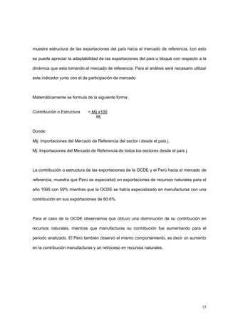 23
muestra estructura de las exportaciones del país hacia el mercado de referencia, con esto
se puede apreciar la adaptabilidad de las exportaciones del país o bloque con respecto a la
dinámica que esta tomando el mercado de referencia. Para el análisis será necesario utilizar
este indicador junto con el de participación de mercado
Matemáticamente se formula de la siguiente forma:
Contribución o Estructura = Mij x100
Mj
Donde:
Mij: Importaciones del Mercado de Referencia del sector i desde el país j.
Mj: Importaciones del Mercado de Referencia de todos los sectores desde el país j.
La contribución o estructura de las exportaciones de la OCDE y el Perú hacia el mercado de
referencia, muestra que Perú se especializó en exportaciones de recursos naturales para el
año 1995 con 59% mientras que la OCDE se había especializado en manufacturas con una
contribución en sus exportaciones de 80.6%.
Para el caso de la OCDE observamos que obtuvo una disminución de su contribución en
recursos naturales, mientras que manufacturas su contribución fue aumentando para el
periodo analizado. El Perú también observó el mismo comportamiento, es decir un aumento
en la contribución manufacturas y un retroceso en recursos naturales.
 