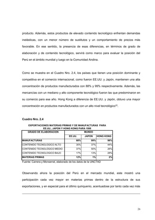 26
producto. Además, estos productos de elevado contenido tecnológico enfrentan demandas
inelásticas, con un menor número de sustitutos y un comportamiento de precios más
favorable. En ese sentido, la presencia de esas diferencias, en términos de grado de
elaboración y de contenido tecnológico, servirá como marco para evaluar la posición del
Perú en el ámbito mundial y luego en la Comunidad Andina.
Como se muestra en el Cuadro Nro. 2.4, los países que tienen una posición dominante y
competitiva en el comercio internacional, como fueron EE.UU. y Japón, mantienen una alta
concentración de productos manufacturados con 88% y 99% respectivamente. Además, las
mercancías con un mediano y alto componente tecnológico fueron las que predominaron en
su comercio para ese año. Hong Kong a diferencia de EE.UU. y Japón, obtuvo una mayor
concentración en productos manufacturados con un alto nivel tecnológico22.
Cuadro Nro. 2.4
EXPORTACIONES MATERIAS PRIMAS Y DE MANUFACTURAS PARA
EE.UU., JAPON Y HONG KONG PARA 1999
GRADO DE ELABORACION MUNDO
EE.UU. JAPON HONG KONG
MANUFACTURAS 88% 99% 98%
CONTENIDO TECNOLOGICO ALTO 35% 37% 44%
CONTENIDO TECNOLOGICO MEDIO 37% 50% 26%
CONTENIDO TECNOLOGICO BAJO 17% 13% 28%
MATERIAS PRIMAS 12% 1% 2%
Fuente: Carrera y Monserrat, elaborado de los datos de la UNCTAD
Observando ahora la posición del Perú en el mercado mundial, este mostró una
participación cada vez mayor en materias primas dentro de la estructura de sus
exportaciones, y en especial para el último quinquenio, acentuadose por tanto cada vez más
 