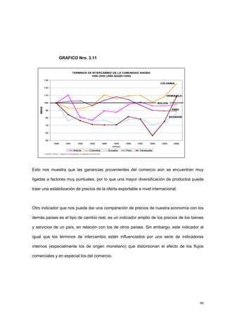 90
GRAFICO Nro. 3.11
Esto nos muestra que las ganancias provenientes del comercio aún se encuentran muy
ligadas a factores muy puntuales, por lo que una mayor diversificación de productos puede
traer una estabilización de precios de la oferta exportable a nivel internacional.
Otro indicador que nos puede dar una comparación de precios de nuestra economía con los
demás países es el tipo de cambio real, es un indicador amplio de los precios de los bienes
y servicios de un país, en relación con los de otros países. Sin embargo, este indicador al
igual que los términos de intercambio están influenciados por una serie de indicadores
internos (especialmente los de origen monetario) que distorsionan el efecto de los flujos
comerciales y en especial los del comercio.
 