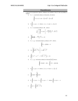 MOISES VILLENA MUÑOZ                                                                                 Cap 3 La Integral Definida


                                                                            Misceláneos
                   1.   A cada una de las proposiciones siguientes, califíquelas como Verdadera o Falsa. En cada caso justifique su
                        respuesta.
                             a)    Si f ´ es una función continua en el intervalo [a , b ] entonces
                                                 b


                                                 ∫
                                                 a
                                                        2 f ( x ) f ´( x ) dx =           [ f ( b ) ]2   −   [ f ( a ) ]2

                                            b

                             b)    Si
                                            ∫
                                            a
                                                f ( x ) dx = 0 entonces f ( x ) = 0 para ∀ x ∈ [a , b ]


                             c)    Si f es una función continua en IR , entonces:
                                                                ⎛ arctgx                     ⎞
                                                                ⎜                            ⎟
                                                             d ⎜
                                                             dx ⎜        ∫
                                                                         f ( x ) dx          ⎟ = f (arctgx
                                                                                             ⎟     x2 +1
                                                                                                                      )−         ( )
                                                                                                                                f x2
                                                                ⎜                            ⎟
                                                                ⎝ x   2
                                                                                             ⎠
                                    n +1
                                                                 n (n + 1 )
                             d)
                                     ∫[ 0
                                                    ]
                                                x dx =
                                                                     2
                                                                            ; n ∈ IN


                             e)    Si f y g son funciones impares y continuas en IR , entonces
                                                                                  5


                                                                               ∫(
                                                                               −5
                                                                                        f o g   )(x )dx      = 0


                                      ⎡x         2
                                                                         ⎤
                                      ⎢                                  ⎥
                             f)     Dx⎢
                                      ⎢
                                      ⎢ 4
                                      ⎣
                                                ∫       1+ t      4
                                                                      dt ⎥ = 2 x 1 + x 4
                                                                         ⎥
                                                                         ⎥
                                                                         ⎦
                                     2


                                    ∫
                                            ⎡    4     x2                                     ⎤
                             g)             ⎢ 5 x + xe    − x3                        1 + x 4 ⎥ dx = 64
                                            ⎣                                                 ⎦
                                    −2
                             h)    Si f y g son funciones continuas en el intervalo [0 ,1 ] entonces
                                                                        1                                      1


                                                                        ∫
                                                                        0
                                                                              f (x )g (1 − x )dx =
                                                                                                              ∫0
                                                                                                                   f (1 − x )g (x )dx


                                            b

                             i)    Si
                                            ∫
                                            a
                                                f ( x ) dx ≥ 0 entonces f ( x ) ≥ 0 para ∀ x ∈ [a , b ]


                                                             π
                                    2π                           2

                             j)
                                    ∫2
                                            senx dx = 4
                                                             ∫0
                                                                     senxdx


                                            3                                 4                                             3

                             k)    Si
                                            ∫
                                            0
                                                f ( x ) dx = 3 y
                                                                              ∫
                                                                              0
                                                                                      f ( x ) dx = 7         entonces
                                                                                                                        ∫   4
                                                                                                                                f ( x ) dx = − 4


                                     1                   1

                             l)
                                    ∫0
                                            xdx ≥
                                                        ∫0
                                                                  1 + x 2 dx




                                                                                                                                                   61
 