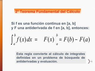 2° Teorema Fundamental del Cálculo


Si f es una función continua en [a, b]
y F una antiderivada de f en [a, b], entonces:
    b                             b
∫   a
        f ( x) dx = F ( x) = F (b) − F (a)
                                  a

        Esta regla convierte al cálculo de integrales
        definidas en un problema de búsqueda de
        antiderivadas y evaluación.                     6
 