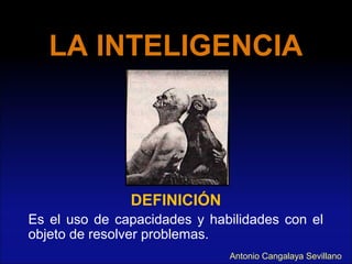 LA INTELIGENCIALA INTELIGENCIA
DEFINICIÓN
Es el uso de capacidades y habilidades con el
objeto de resolver problemas.
Antonio Cangalaya Sevillano
 