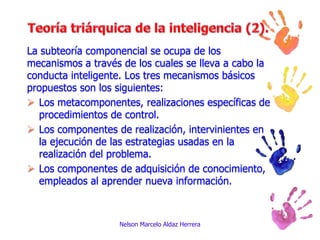 La subteoría componencial se ocupa de los mecanismos a través de los cuales se lleva a cabo la conducta inteligente. Los tres mecanismos básicos propuestos son los siguientes:Los metacomponentes, realizaciones específicas de procedimientos de control.
