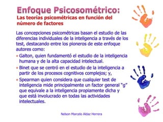 Las concepciones psicométricas basan el estudio de las diferencias individuales de la inteligencia a través de los test, destacando entre los pioneros de este enfoque autores como:Galton, quien fundamentó el estudio de la inteligencia humana y de la alta capacidad intelectual. Binet que se centró en el estudio de la inteligencia a partir de los procesos cognitivos complejos; y, Spearman quien considera que cualquier test de inteligencia mide principalmente un factor general “g” que equivale a la inteligencia propiamente dicha y que está involucrado en todas las actividades intelectuales.Nelson Marcelo Aldaz HerreraEnfoque Psicosométrico: Las teorías psicométricas en función del número de factores