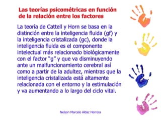 La teoría de Cattell y Horn se basa en la distinción entre la inteligencia fluida (gf) y la inteligencia cristalizada (gc), donde la inteligencia fluida es el componente intelectual más relacionado biológicamente con el factor “g” y que va disminuyendo ante un malfuncionamiento cerebral así como a partir de la adultez, mientras que la inteligencia cristalizada está altamente relacionada con el entorno y la estimulación y va aumentando a lo largo del ciclo vital. Nelson Marcelo Aldaz HerreraLas teorías psicométricas en función de la relación entre los factores