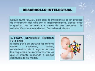 DESARROLLO INTELECTUAL


Según JEAN PIAGET, dice que: la inteligencia es un proceso
de interacción del niño con el medioambiente, siendo lento
y gradual que se realiza a través de dos procesos: la
asimilación y la acomodación. Considera 4 etapas.



1. ETAPA SENSORIO MOTRIZ:
(0-2 años)
El bebe pone en practica los reflejos
como:        succionar,       orinar,
movimientos ,etc. Luego se forman
los esquemas neuromotores con los
que el infante responde a ciertos
estímulos de su medio.
 