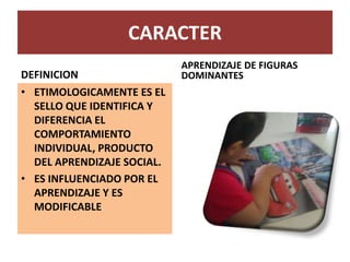 CARACTER
DEFINICION
• ETIMOLOGICAMENTE ES EL
SELLO QUE IDENTIFICA Y
DIFERENCIA EL
COMPORTAMIENTO
INDIVIDUAL, PRODUCTO
DEL APRENDIZAJE SOCIAL.
• ES INFLUENCIADO POR EL
APRENDIZAJE Y ES
MODIFICABLE
APRENDIZAJE DE FIGURAS
DOMINANTES
 