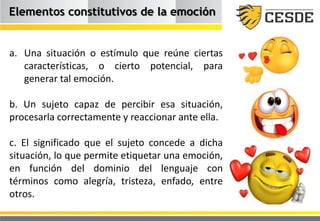 Elementos constitutivos de la emoción
a. Una situación o estímulo que reúne ciertas
características, o cierto potencial, para
generar tal emoción.
b. Un sujeto capaz de percibir esa situación,
procesarla correctamente y reaccionar ante ella.
c. El significado que el sujeto concede a dicha
situación, lo que permite etiquetar una emoción,
en función del dominio del lenguaje con
términos como alegría, tristeza, enfado, entre
otros.
 