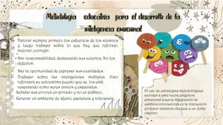 El uso de estrategias metodológicas
acordes a esta nueva exigencia
emocional pues la integración de
cambios innovadores en la interacción
profesor-alumnos obedece a un doble
objetivo
▪ Valorar siempre primero los esfuerzos de los alumnos
y luego trabajar sobre lo que hay que reforzar,
mejorar, corregir.
▪ Dar responsabilidad, destacando sus aciertos. No los
defectos.
▪ Dar la oportunidad de expresar sus cualidades.
▪ Trabajar sobre las inteligencias múltiples. Esto
reforzará su autoestima puesto que se los está
respetando como seres únicos y especiales.
▪ Señalar sus errores en privado y no en público.
▪ Generar un ambiente de afecto, paciencia y tolerancia.
 