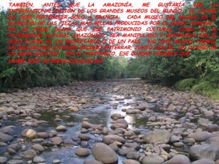 TAMBIÉN, ANTES QUE LA AMAZONÍA, ME GUSTARÍA VER LA INTERNACIONALIZACIÓN DE LOS GRANDES MUSEOS DEL MUNDO.  EL LOUVRE NO DEBE PERTENECER SÓLO A FRANCIA.  CADA MUSEO DEL MUNDO ES EL GUARDIÁN DE LAS PIEZAS MÁS BELLAS PRODUCIDAS POR EL GENIO HUMANO.  NO SE PUEDE DEJAR QUE ESE PATRIMONIO CULTURAL, COMO ES EL PATRIMONIO NATURAL AMAZÓNICO, SEA MANIPULADO Y DESTRUIDO POR EL SÓLO PLACER DE UN PROPIETARIO O DE UN PAÍS.  NO HACE MUCHO TIEMPO, UN MILLONARIO JAPONÉS DECIDIÓ ENTERRAR, JUNTO CON ÉL, UN CUADRO DE UN GRAN MAESTRO.  POR EL CONTRARIO, ESE CUADRO TENDRÍA QUE  HABER SIDO INTERNACIONALIZADO.  