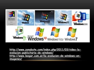 http://www.zonabyte.com/index.php/2011/03/video-la-evolucion-publicitaria-de-windows/http://www.leegar.com.ar/la-evolucion-de-windows-en-imagenes/