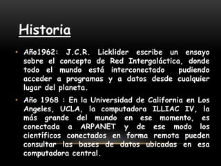 HistoriaAño1962: J.C.R. Licklider escribe un ensayo sobre el concepto de Red Intergaláctica, donde todo el mundo está interconectado  pudiendo acceder a programas y a datos desde cualquier lugar del planeta.