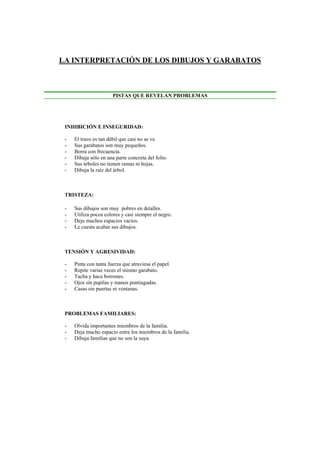 LA INTERPRETACIÓN DE LOS DIBUJOS Y GARABATOS
PISTAS QUE REVELAN PROBLEMAS
INHIBICIÓN E INSEGURIDAD:
- El trazo es tan débil que casi no se ve.
- Sus garabatos son muy pequeños.
- Borra con frecuencia.
- Dibuja sólo en una parte concreta del folio.
- Sus árboles no tienen ramas ni hojas.
- Dibuja la raíz del árbol.
TRISTEZA:
- Sus dibujos son muy pobres en detalles.
- Utiliza pocos colores y casi siempre el negro.
- Deja muchos espacios vacíos.
- Le cuesta acabar sus dibujos.
TENSIÓN Y AGRESIVIDAD:
- Pinta con tanta fuerza que atraviesa el papel.
- Repite varias veces el mismo garabato.
- Tacha y hace borrones.
- Ojos sin pupilas y manos puntiagudas.
- Casas sin puertas ni ventanas.
PROBLEMAS FAMILIARES:
- Olvida importantes miembros de la familia.
- Deja mucho espacio entre los miembros de la familia.
- Dibuja familias que no son la suya.
 