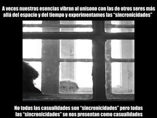 A veces nuestras esencias vibran al unisono con las de otros seres más allá del espacio y del tiempo y experimentamos las “sincronicidades” .  No todas las casualidades son “sincronicidades” pero todas las “sincronicidades” se nos presentan como casualidades 