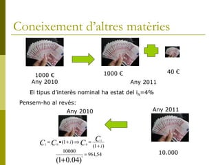 Coneixement d’altres matèries 1000 € Any 2010 Any 2011 1000 € 40 € El tipus d’interès nominal ha estat del i N =4% Pensem-ho al revés: 10.000 Any 2011 Any 2010 